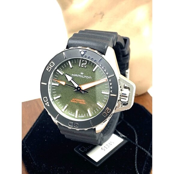 Hamilton Men's Watch H77455360 Frogman Swiss Automatic Green Dial Rubber 41mm - Picture 1 of 15